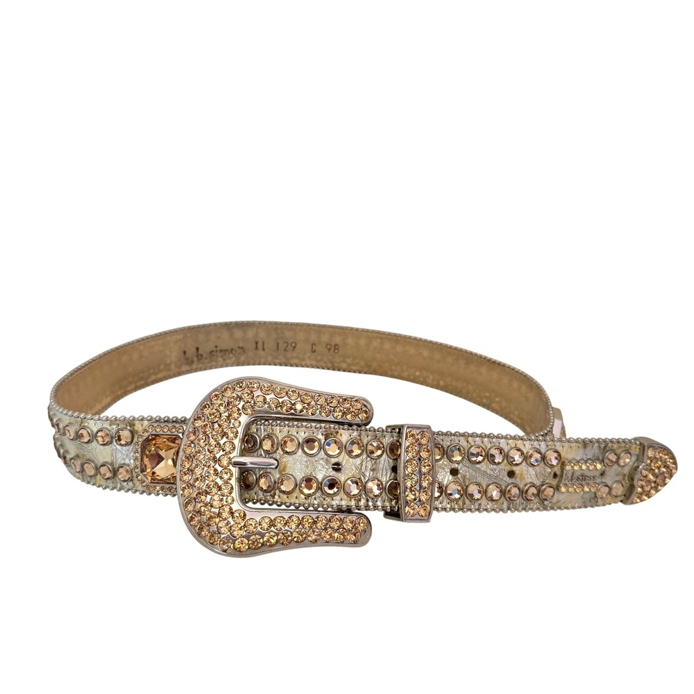 BB Simon Crystal Belt Gold Metallic Leather Western Bling XL